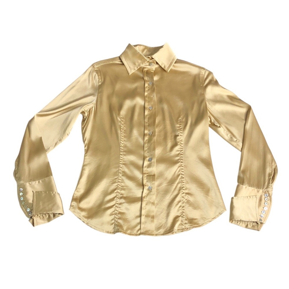 Farinaz Taghavi Silk Blouse Women 6 Gold Button Up Stretch Flip Cuff Career Chic